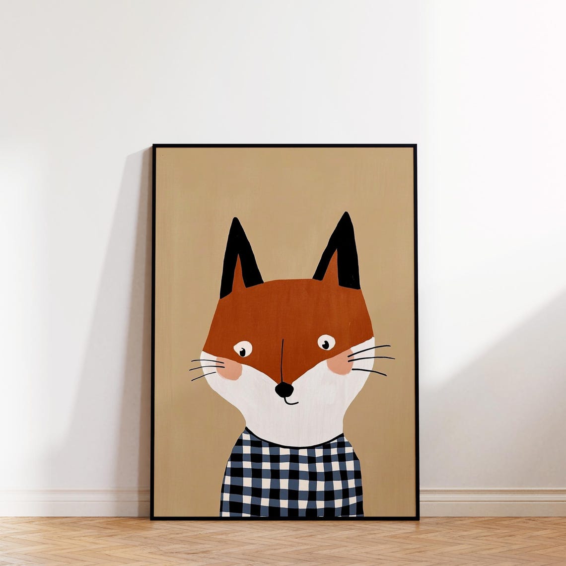 Dapper Fox Blue Gingham Shirt Portrait Modern Kids Nursery Poster - Image 2