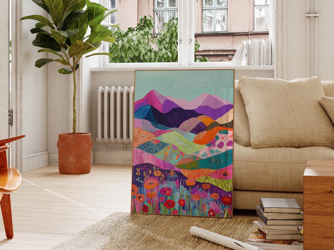 Purple Peak Patchwork Hills Poppy Field Boho Mountain Poster - Image 2