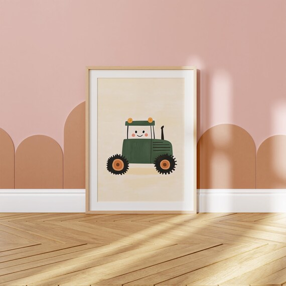 Cute Smiling Green Tractor Playroom Nursery Kids Room Art Poster