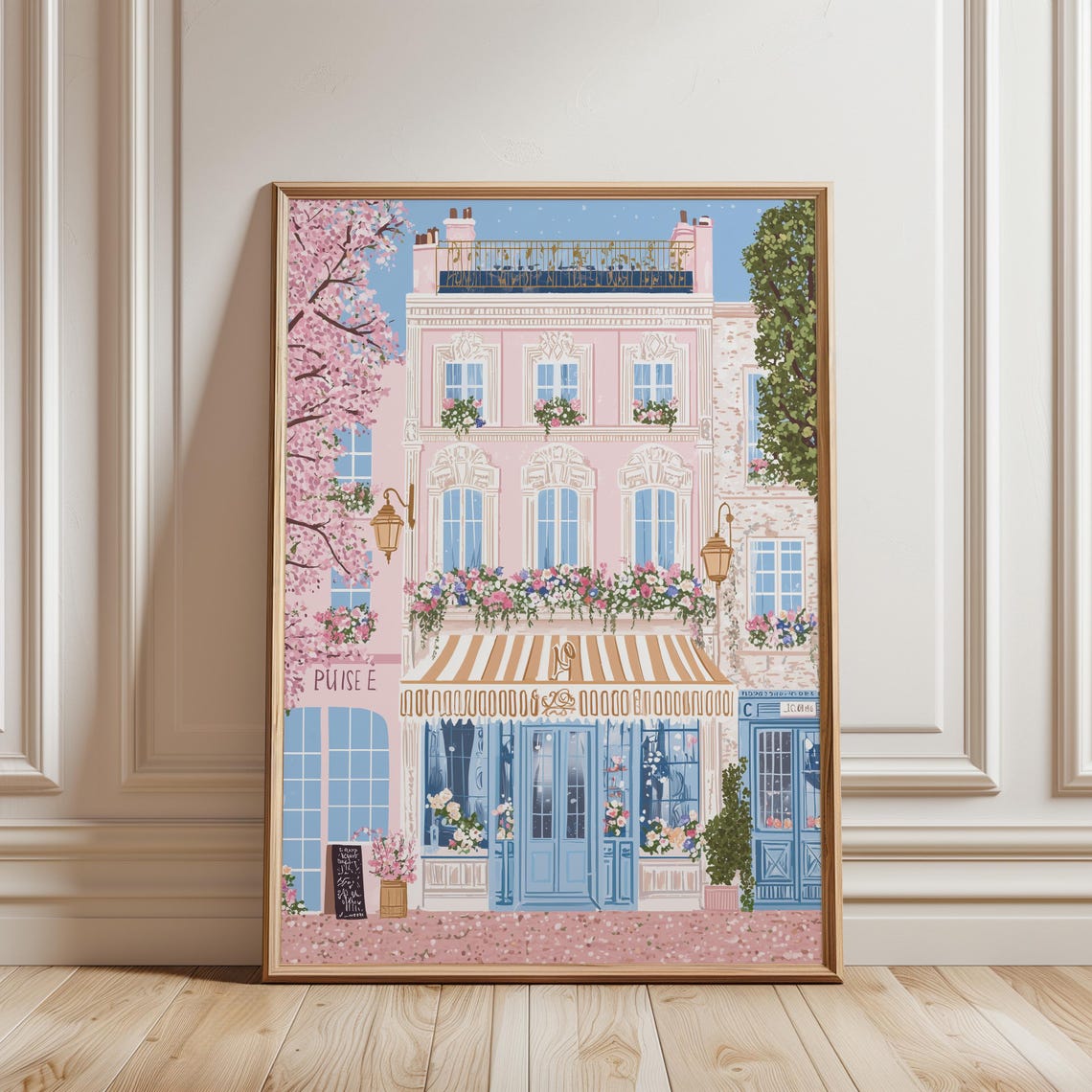 Parisian Pink Storefront Blue Doors Cherry Blossom Spring Poster