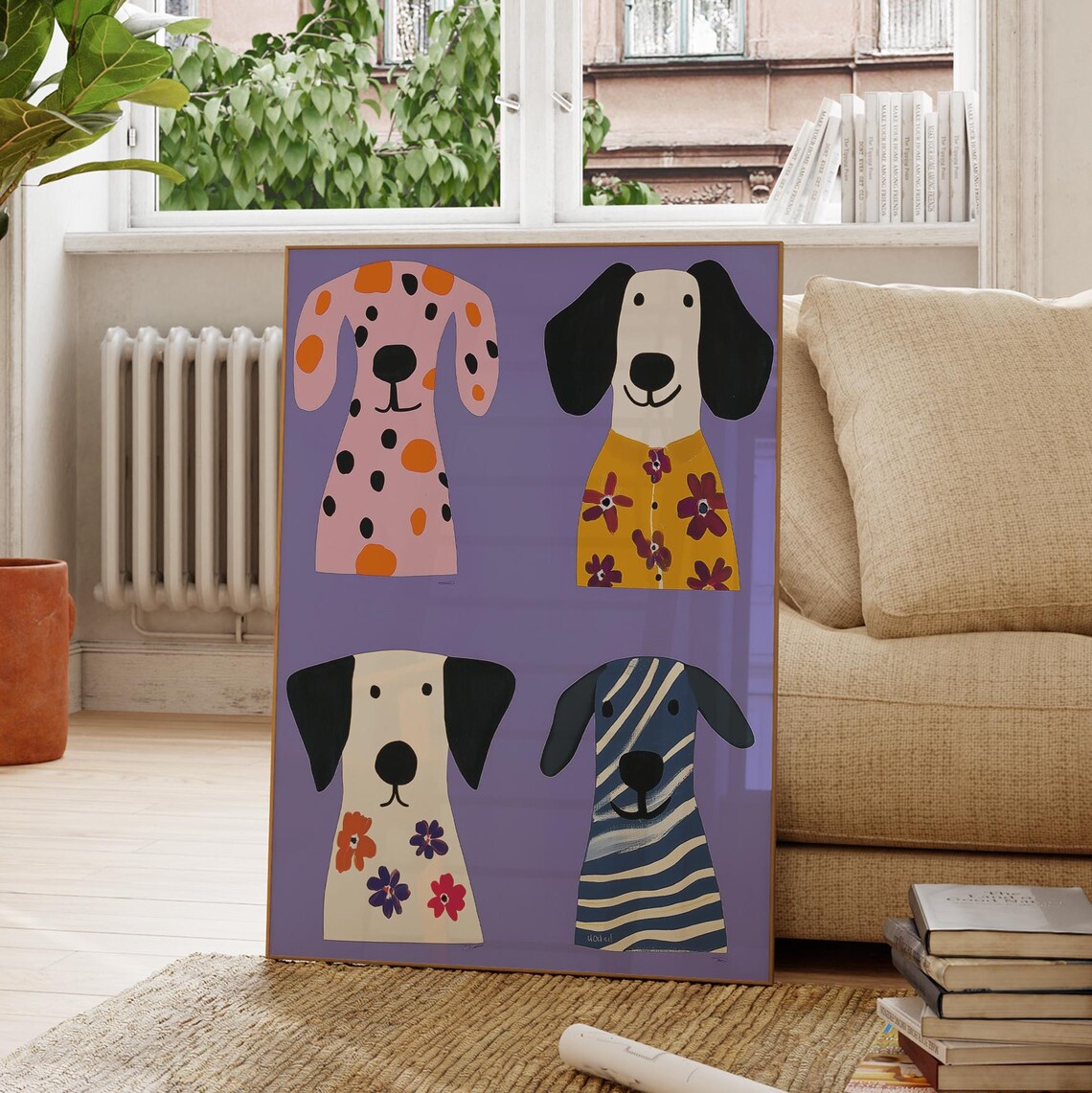 Colorful Puppy Collection Four Floral Striped Dogs Purple Wall Poster - Image 2