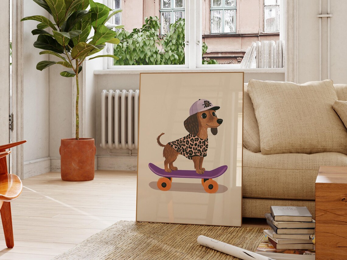 Dachshund On Skateboard Wearing Leopard Tee Cute Kids Room Dog Poster - Image 2