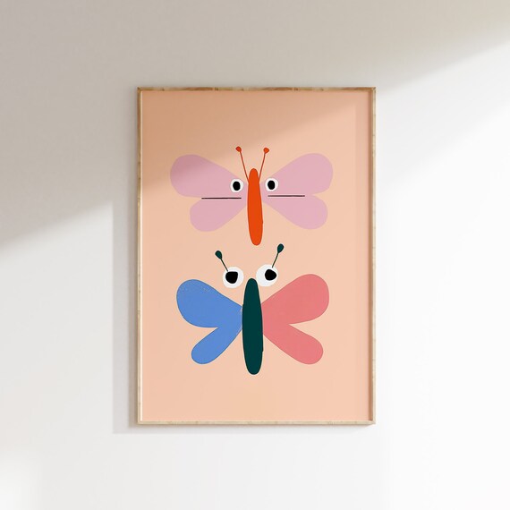 Two Cute Colorful Butterflies Peach Background Nursery Kids Room Poster