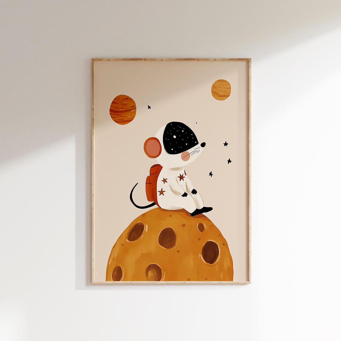 Astronaut Mouse Sitting On Moon With Planets Space Kids Nursery Poster