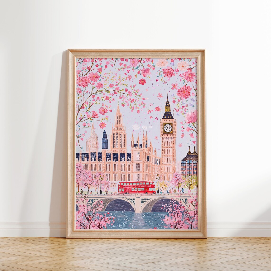 Big Ben Parliament Cherry Blossom London Red Bus Thames Bridge Poster - Image 2