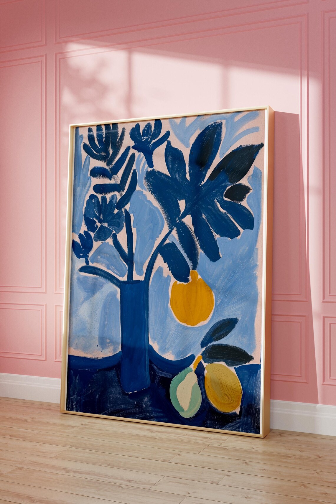 Blue Still Life Art Poster with Bold Brushstroke Blooms and Fruit