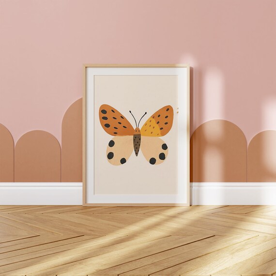 Spotted Butterfly Orange Cream Modern Nursery Kids Room Art Poster