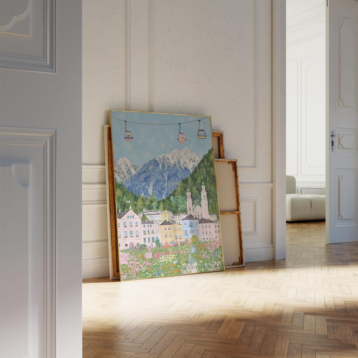 Alpine Town Cable Cars Wildflower Meadow Mountain Summer Poster - Image 3