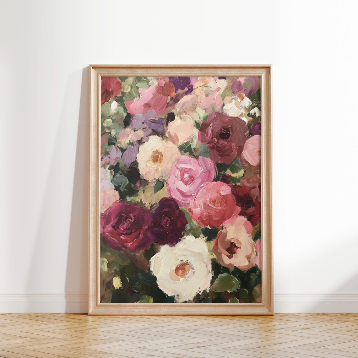 Romantic Pink Blush White Burgundy Roses Painterly Floral Poster - Image 2