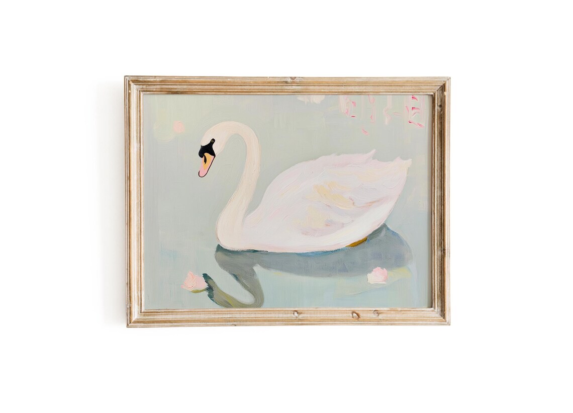 White Swan Vintage Oil Painting Blossom Water Serene Nature Poster