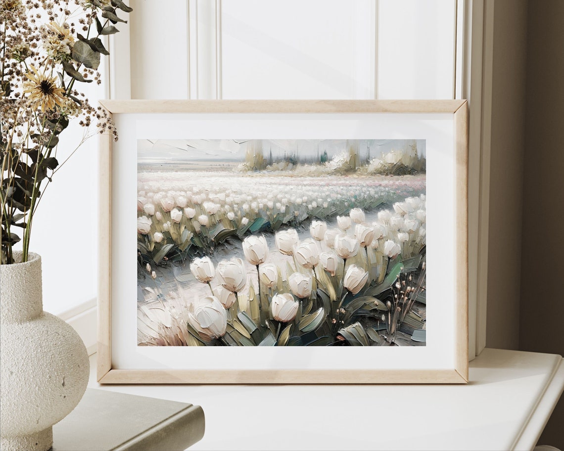 Neutral White Tulips Field Soft Pastel Vintage Spring Landscape Poster - Image 2