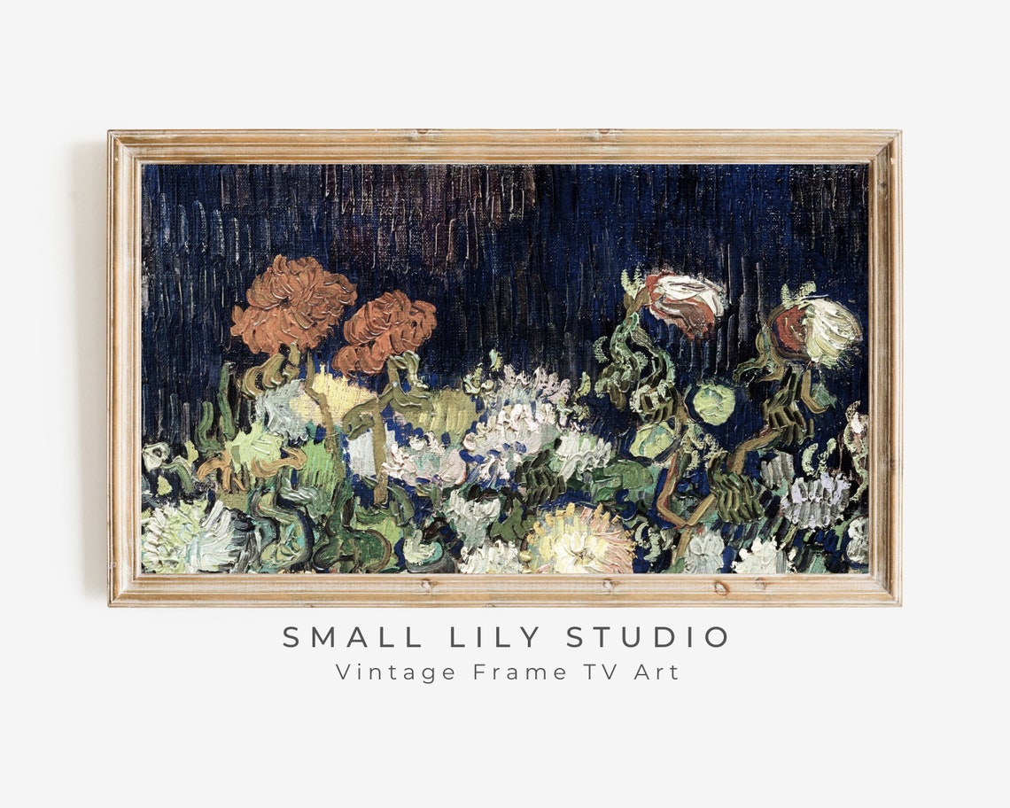 Frame Tv Art Dark Flowers Vintage Oil Painting Textured Dark Botanical Tv Artwork Antique Floral Tv Art Tv68