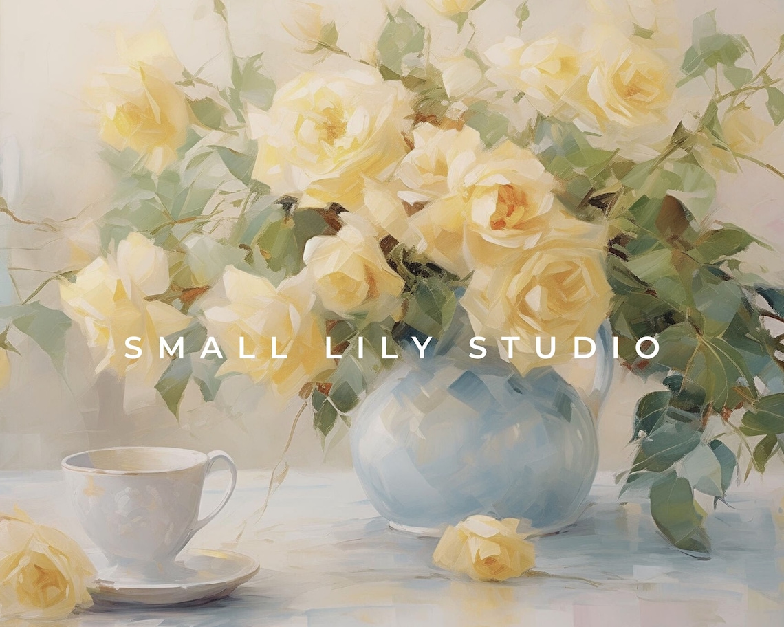 Yellow Roses Blue Vase Teacup Soft Vintage Floral Still Life Poster - Image 4