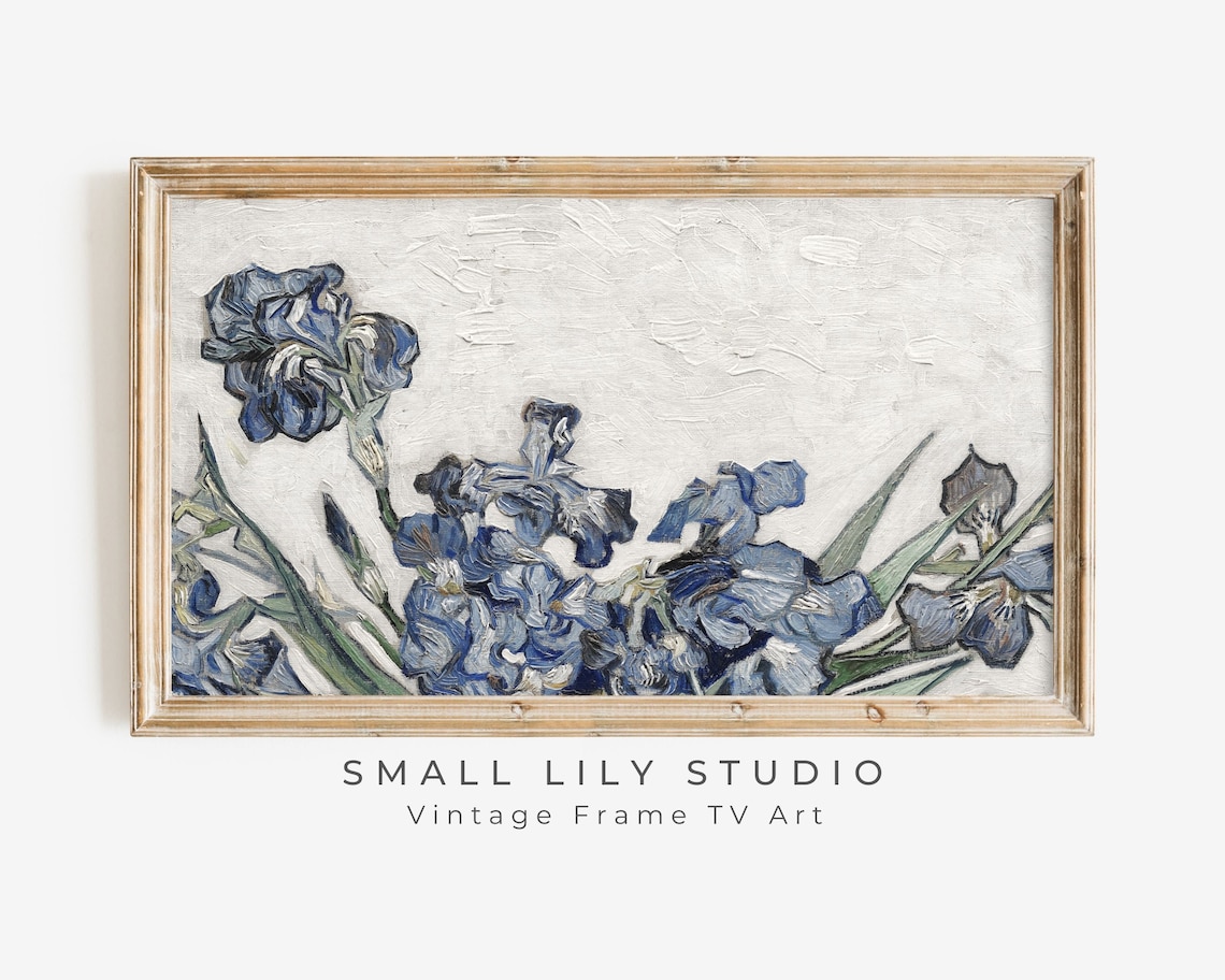 Blue Iris Flowers Textured Impasto Oil Painting Post Impressionist Style Poster