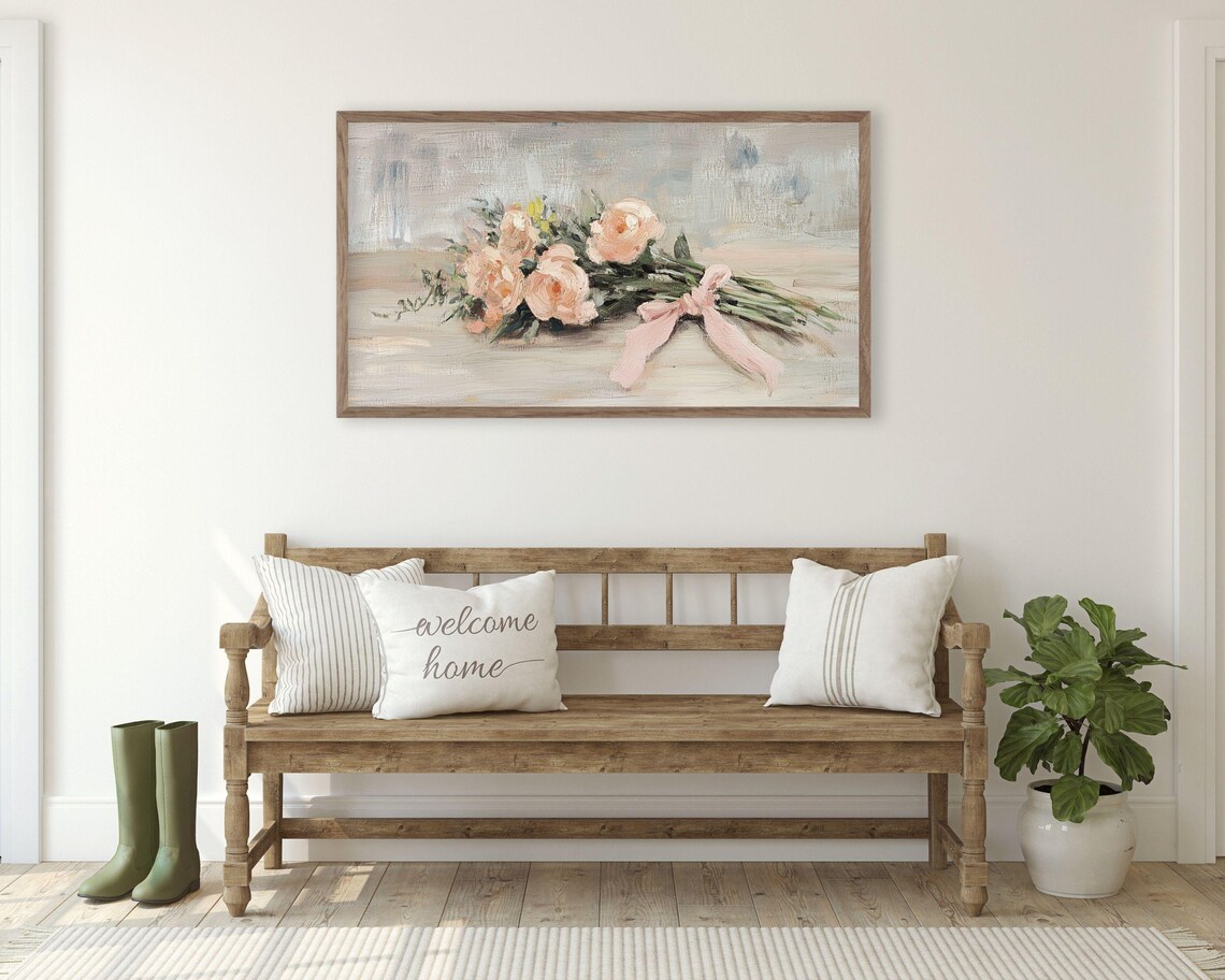 Blush Pink Rose Bouquet With Pink Bow Spring Farmhouse Floral Poster - Image 2