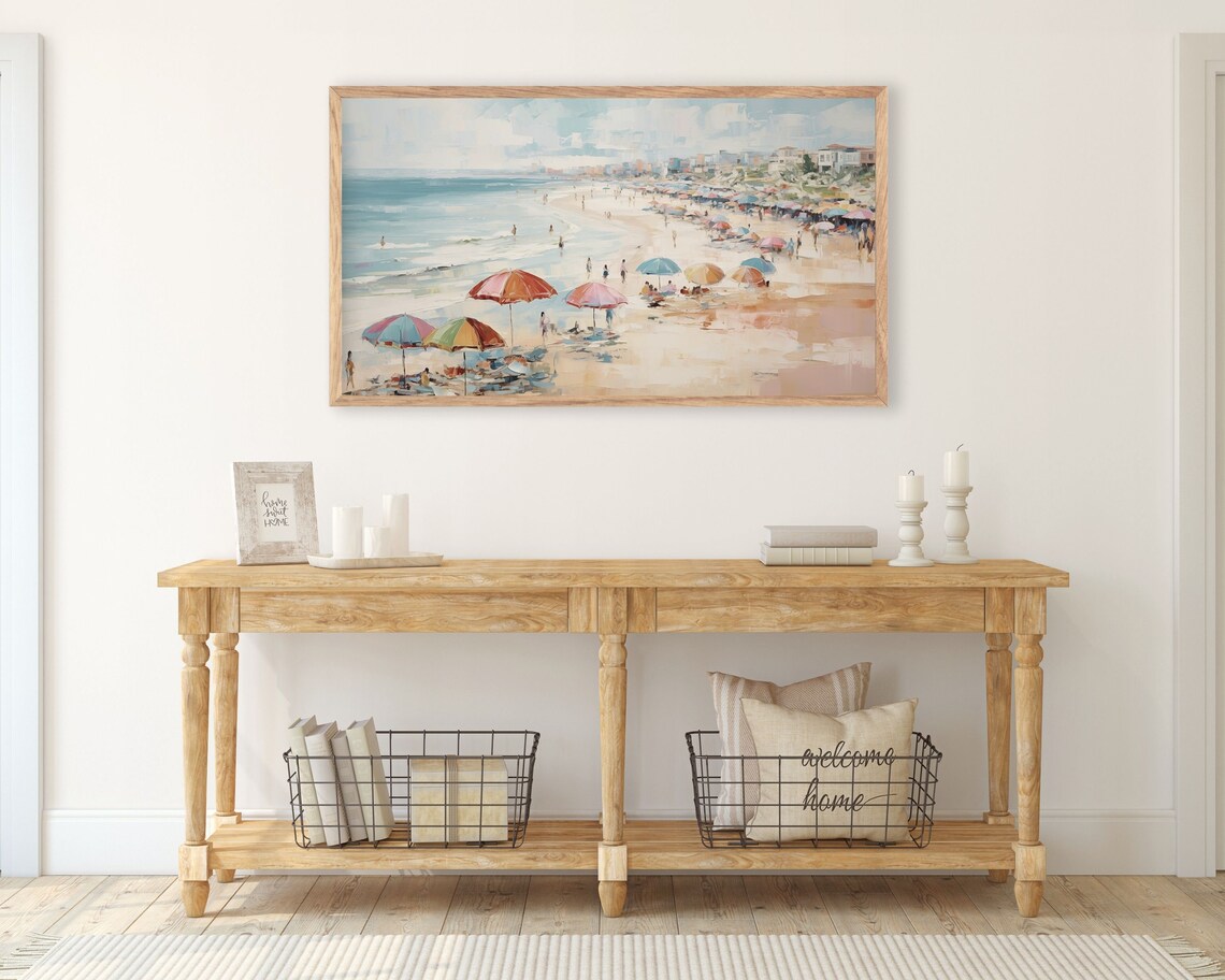 Beach Umbrellas Summer Coastal Painting Art Print - Image 2