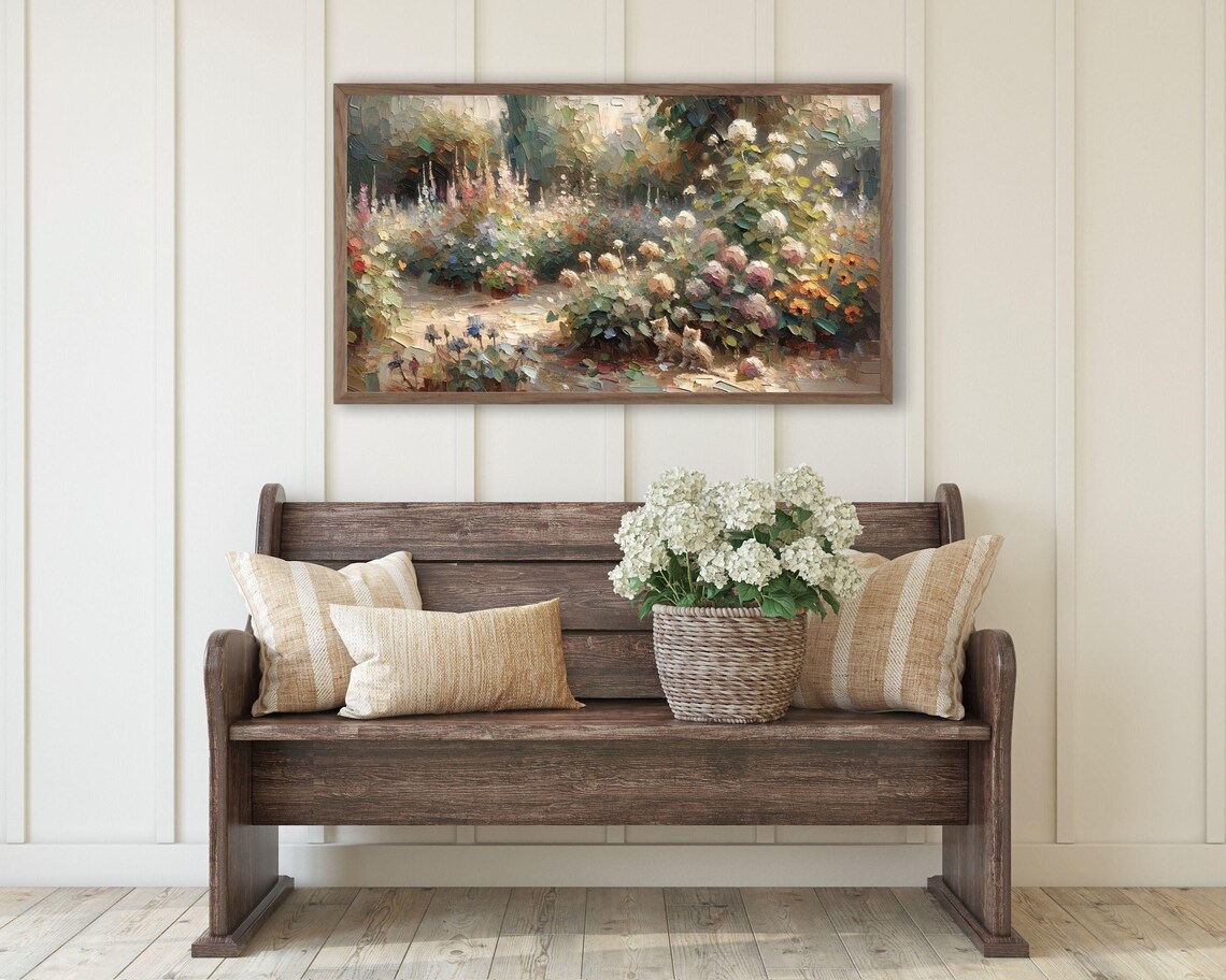 Kittens In Cottage Garden Flowers Impasto Oil Painting Vintage Poster - Image 2