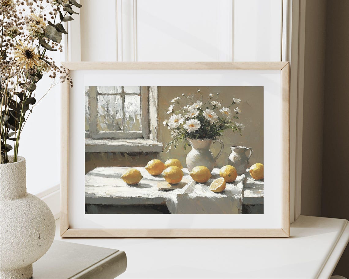 Lemons and Daisies Window Still Life Yellow Vintage Kitchen Poster - Image 2