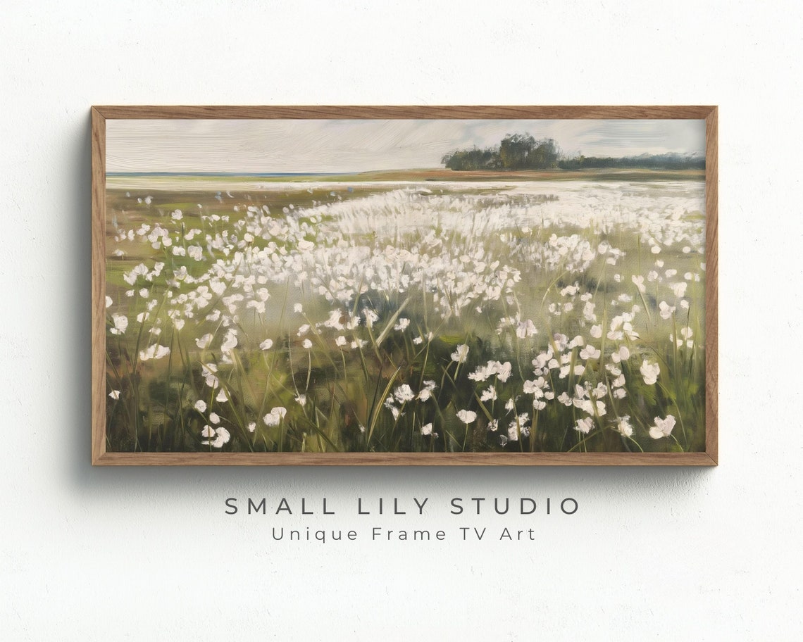 Summer Frame Tv Art White Wildflowers Spring Field Of Flowers Landscape Tv Art Frame Tv Art Abstract Sage Green Painting Tv325 - Image 2
