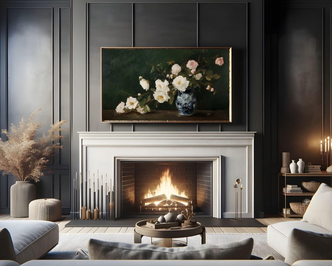 Frame Tv Art Roses In Oriental Vase Frame Tv Art Vintage Style Flower Still Life Painting Dark Green Moody Floral Artwork Tv619 - Image 2