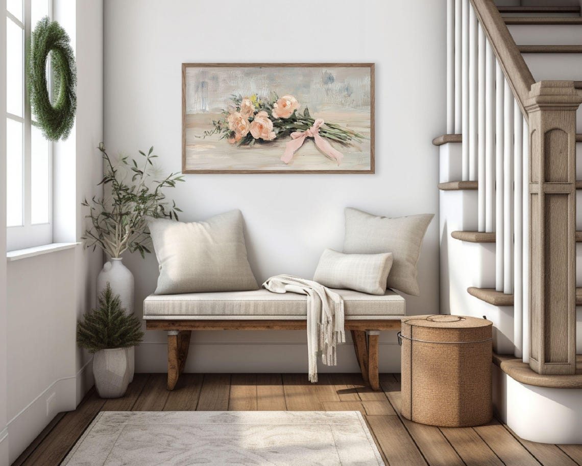 Blush Pink Rose Bouquet With Pink Bow Spring Farmhouse Floral Poster - Image 3