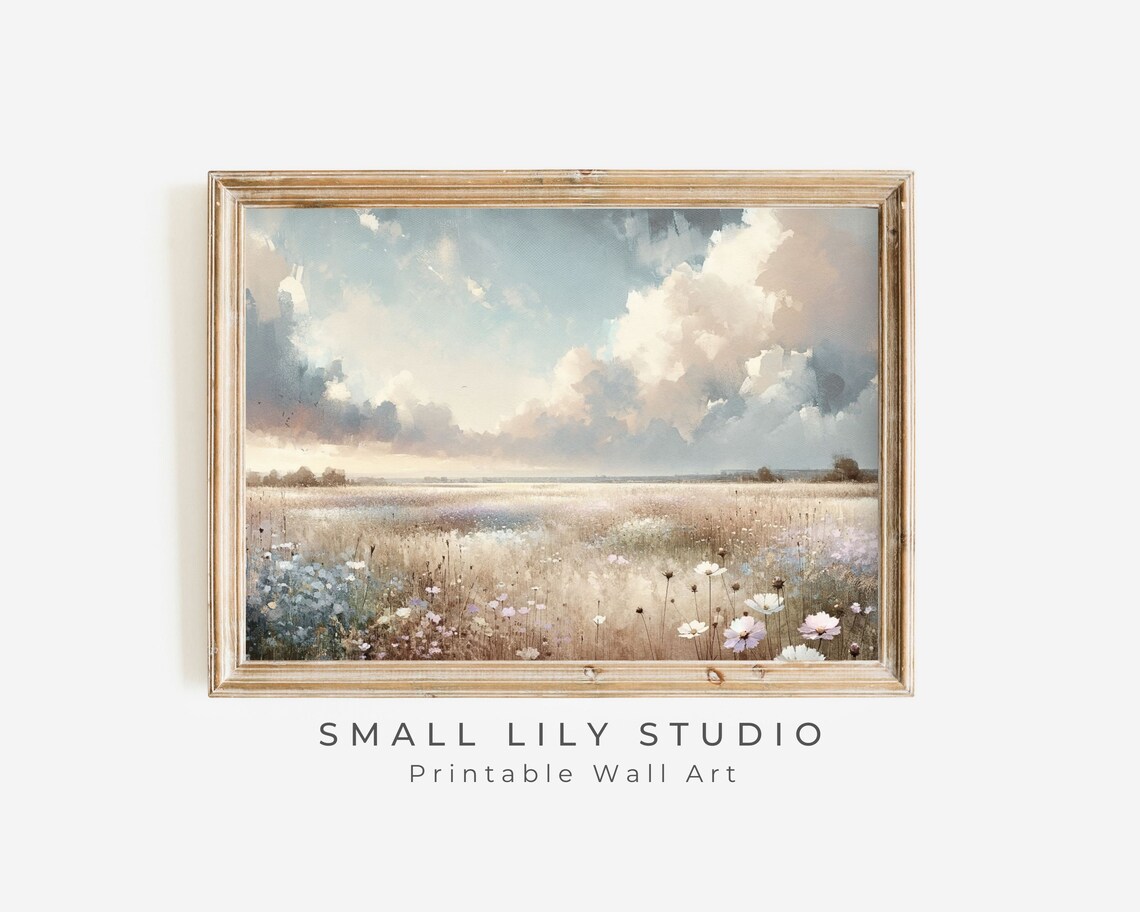 Wildflower Field Under Dramatic Clouds Watercolor Landscape Art Print - Image 3
