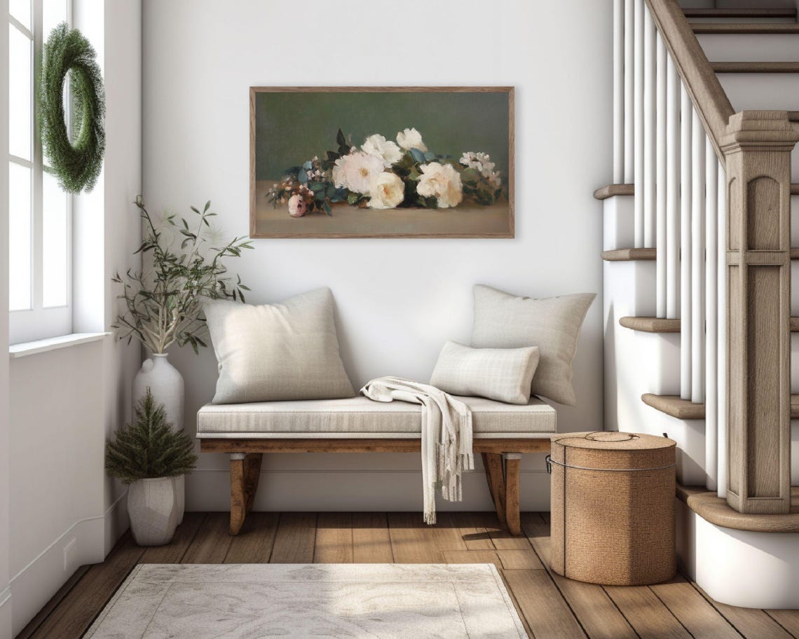 Frame Tv Art Pink Roses On Green Frame Tv Art Vintage Style Flower Still Life Painting Dark Green Moody Floral Artwork Tv622 - Image 3