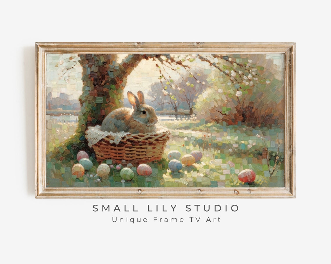 Spring Easter Frame Tv Art Bunny In Basket With Easter Eggs Cute Easter Rabbit Tv Art For Kids Frame Tv Art Vintage Style Tv263