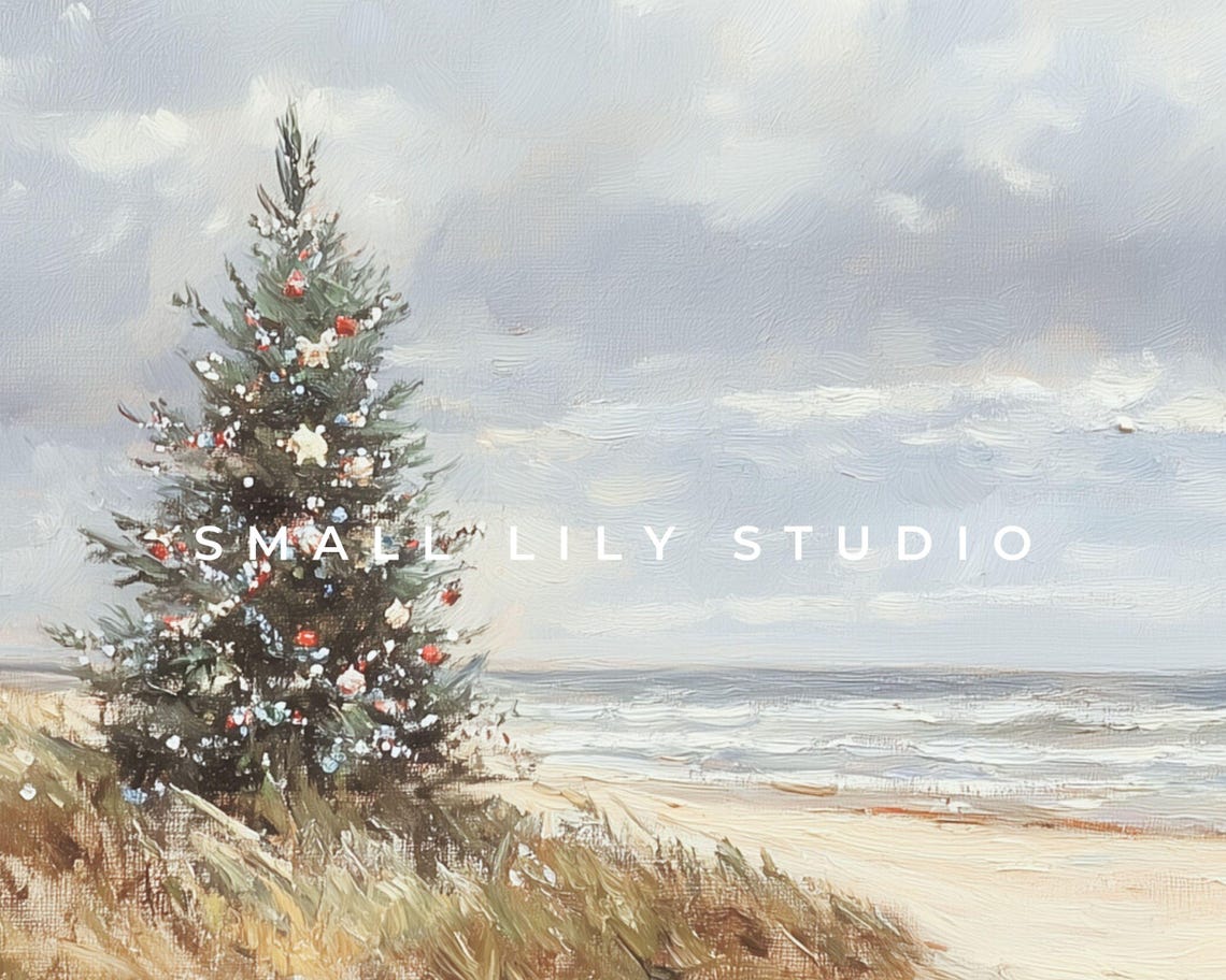 Coastal Christmas Tree on Sandy Beach Dunes Ocean Vintage Poster - Image 4