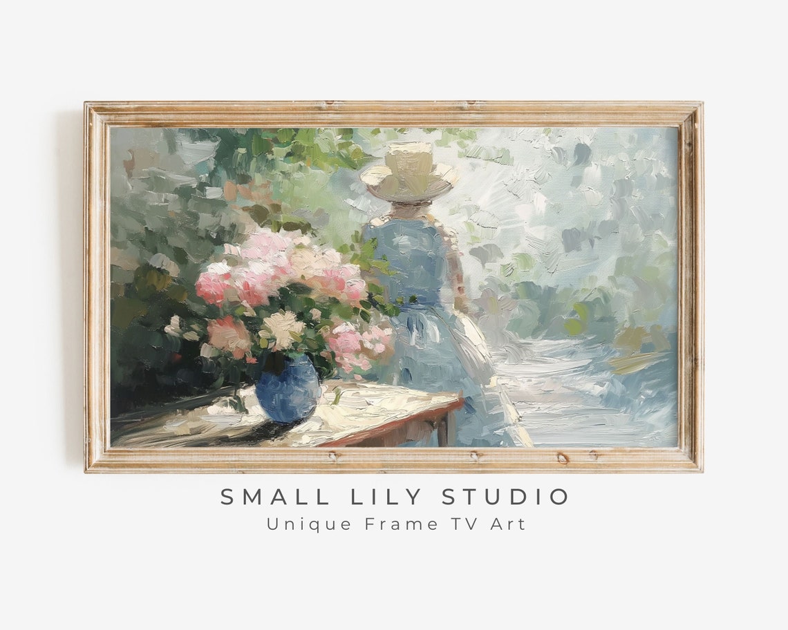 Spring Frame Tv Art Woman In Garden Mothers Day Frame Tv Art Floral Vintage Style Oil Painting Blue Green Pink Textured Tv337