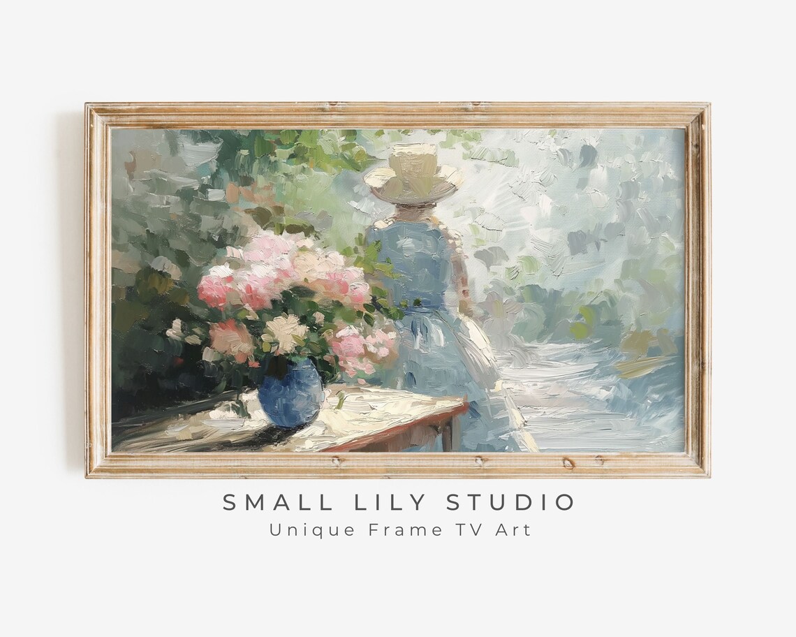 Woman In Garden Straw Hat Blue Dress Impressionist Floral Painting Poster