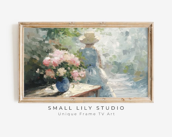 Woman In Garden Straw Hat Blue Dress Impressionist Floral Painting Poster