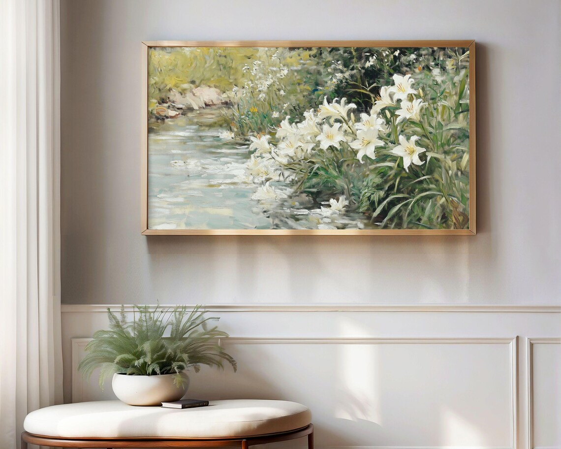 White Lilies Growing by a Tranquil Pond Vintage Garden Landscape Poster - Image 2