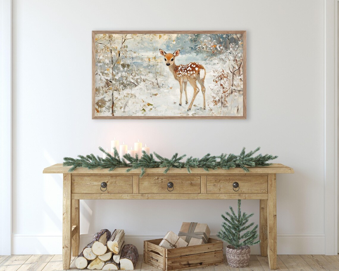 Baby Deer In Snow, Neutral Winter Art Print - Image 2