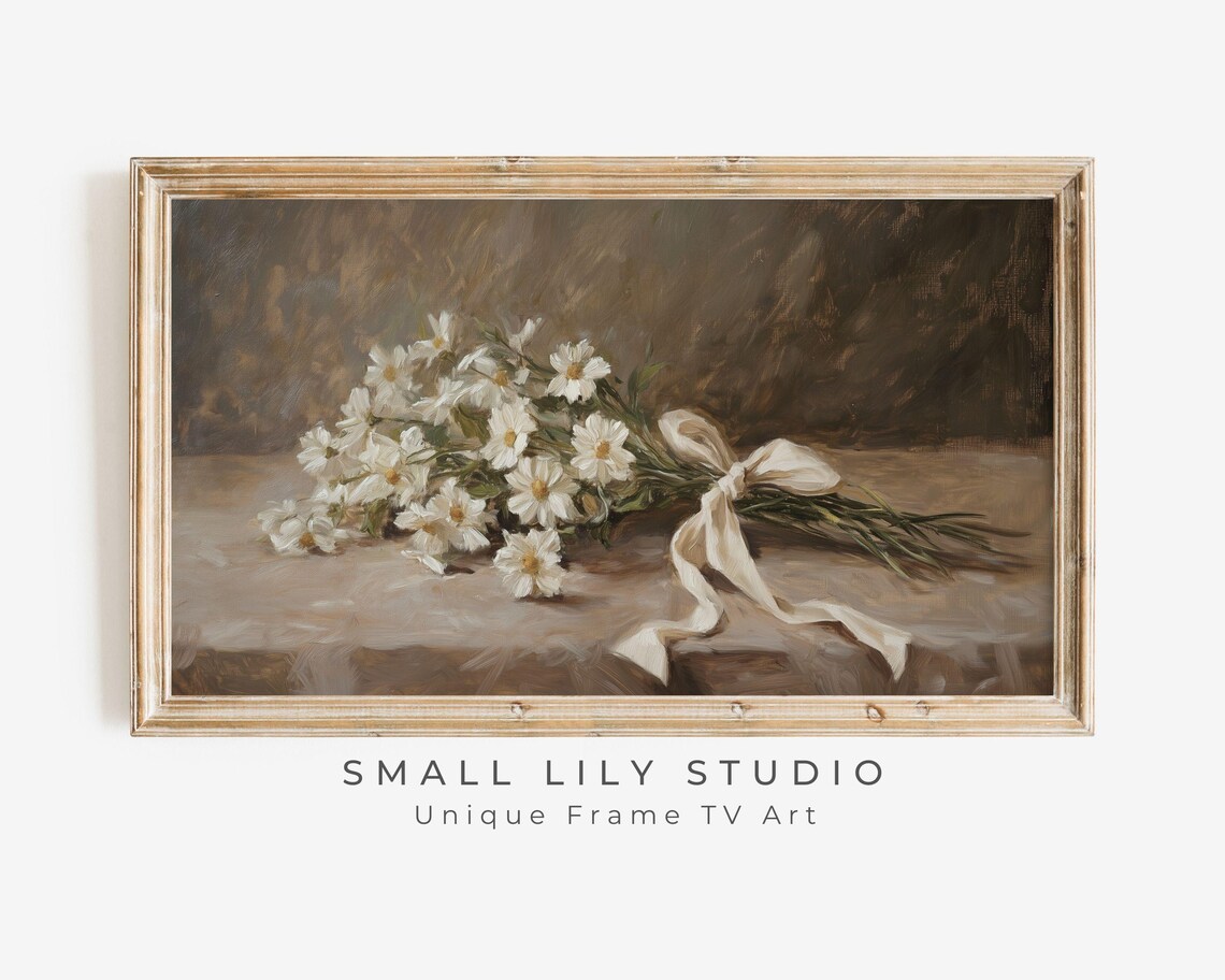 Frame Tv Art Farmhouse Flowers Frame Tv Art Neutral Spring Florals Moody Brown Vintage Style Daisies Painting For Tv Tv646