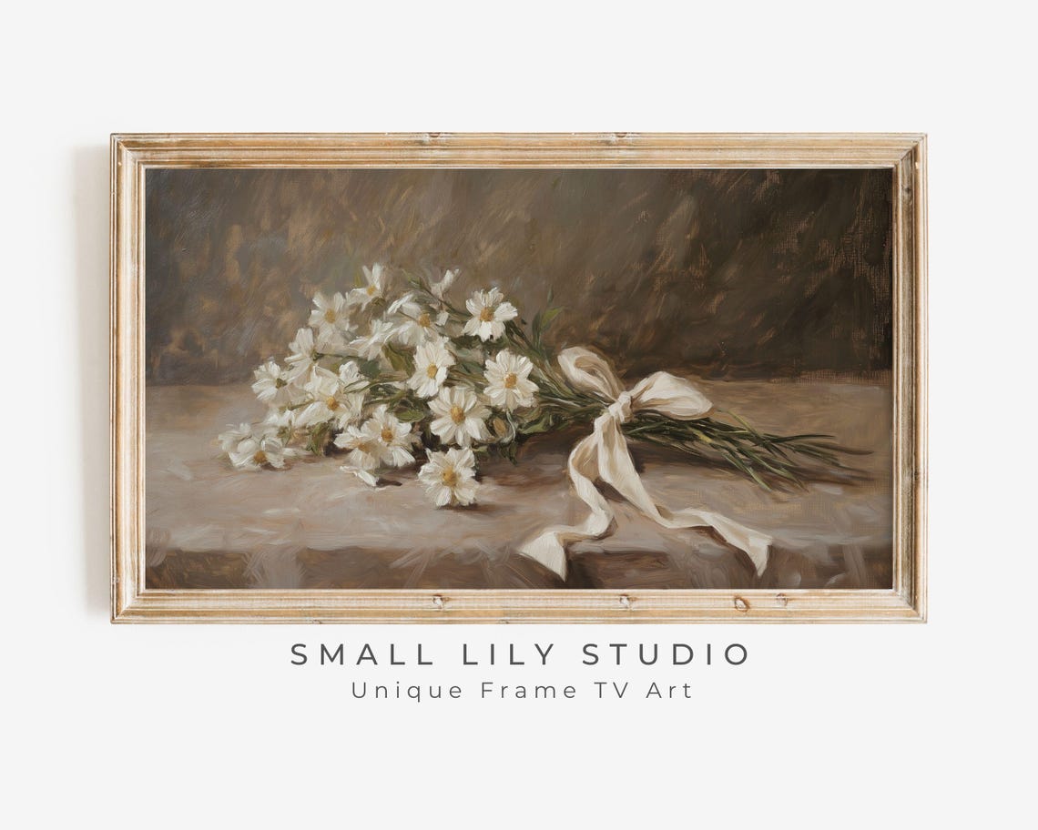 White Daisy Bouquet With Cream Bow Moody Brown Vintage Floral Poster