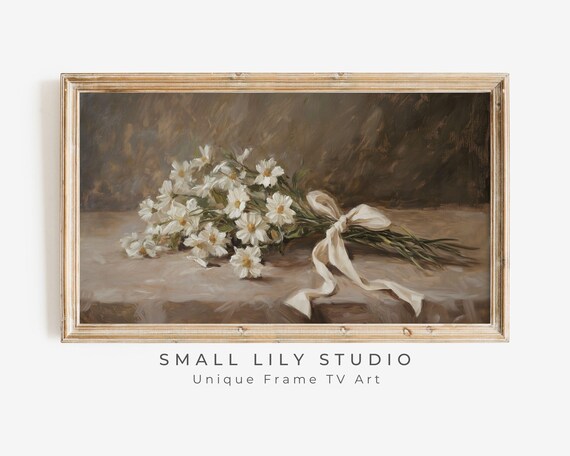 Frame Tv Art Farmhouse Flowers Frame Tv Art Neutral Spring Florals Moody Brown Vintage Style Daisies Painting For Tv Tv646