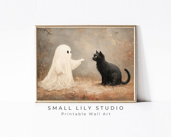 Ghost and Black Cat Spooky Cute Halloween Oil Painting Wall Art