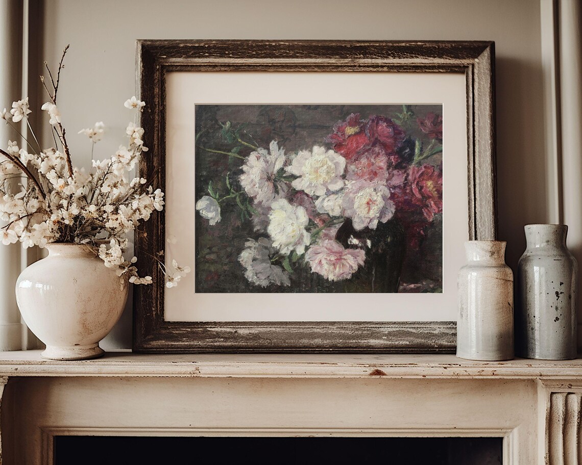 Moody White And Pink Peonies Dark Background Floral Painting Poster - Image 2