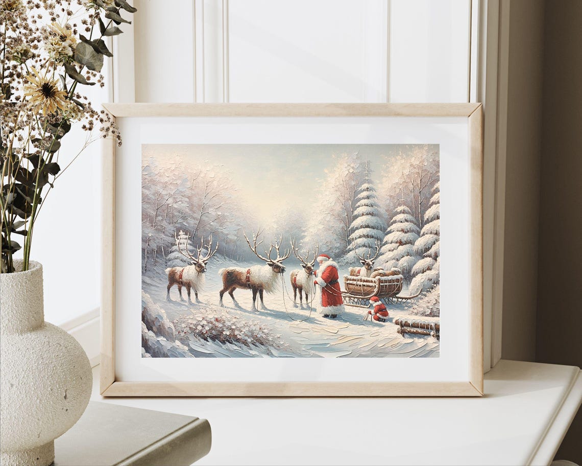 Santa And Reindeer Print Vintage Style Christmas Wall Art Textured Painting Cute Pink Winter Wonderland Picture For Kids P093 - Image 2