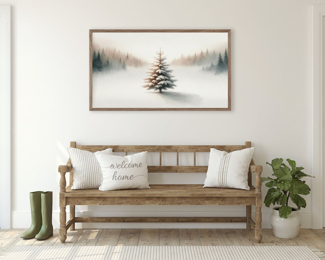 Lonely Snowy Pine Tree Misty Winter Minimalist Watercolor Art Poster - Image 2