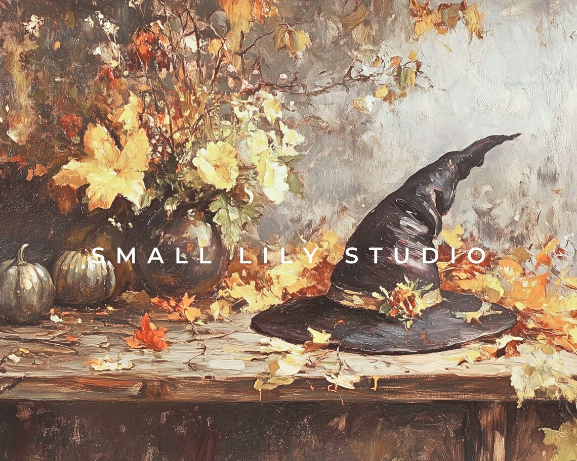 Witch's Hat in Fall Leaves, Rustic Vintage Halloween Art - Image 4