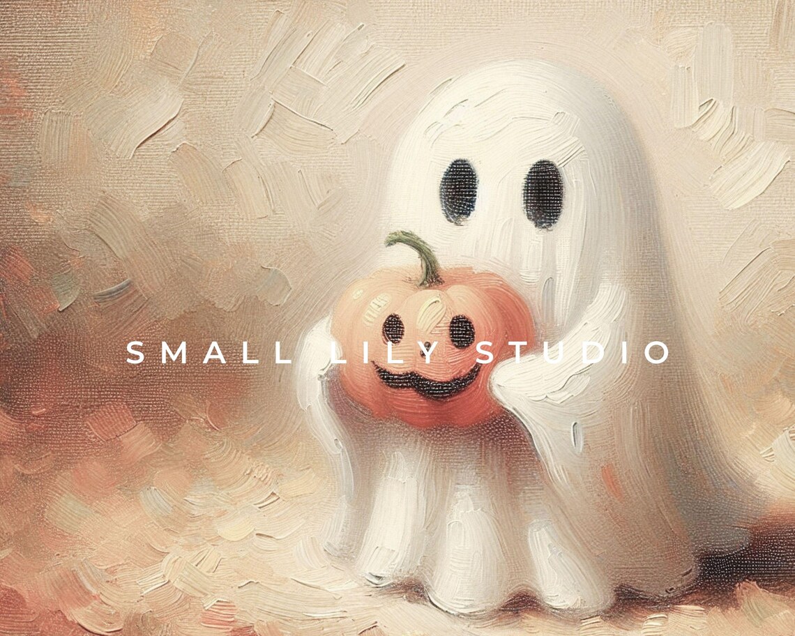 Neutral Halloween Ghost With Pumpkin Art Print - Image 3