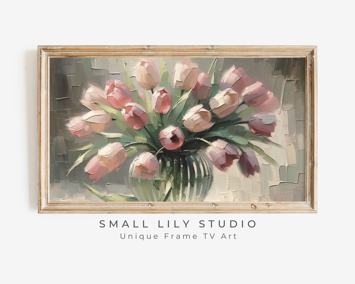 Pink Tulips In Glass Vase Impasto Textured Still Life Floral Poster