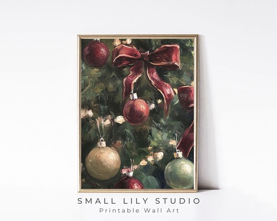 Christmas Ornaments Print Vintage Style Burgundy Ribbon Painting Moody Red Bow Green Gold Christmas Tree Print Vertical P109