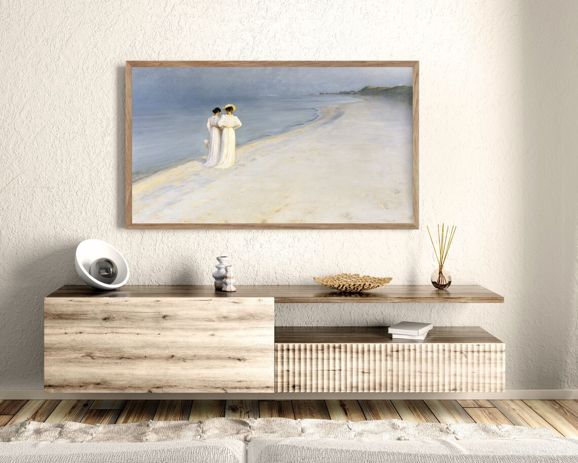 Two Women White Dresses Beach Dusk Vintage Painting Wall Art Poster - Image 3