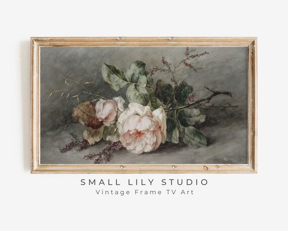 Frame Tv Art Moody Flowers Pink Dark Academia Tv Picture Frame Vintage Rose Painting Floral Tv Artwork Antique Tv22