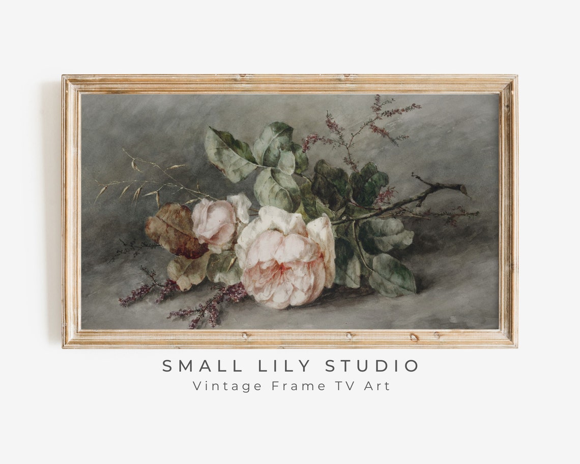 Frame Tv Art Moody Flowers Pink Dark Academia Tv Picture Frame Vintage Rose Painting Floral Tv Artwork Antique Tv22