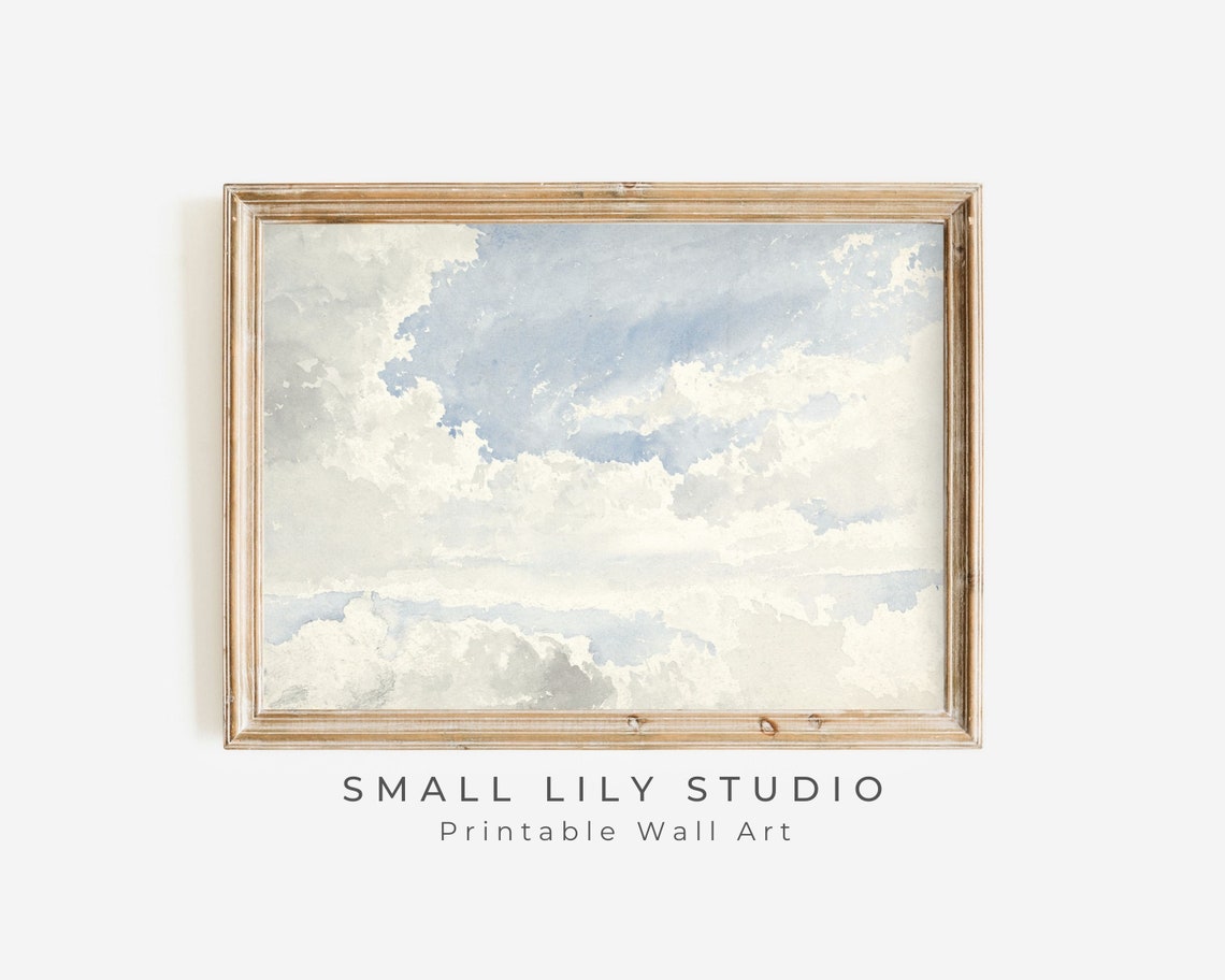 Blue Sky White Clouds Watercolor Minimalist Cloudy Sky Art Print - Image 3