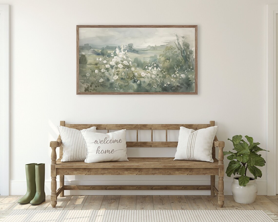 White Wildflowers Misty Field Abstract Green Floral Watercolor Painting Poster - Image 2